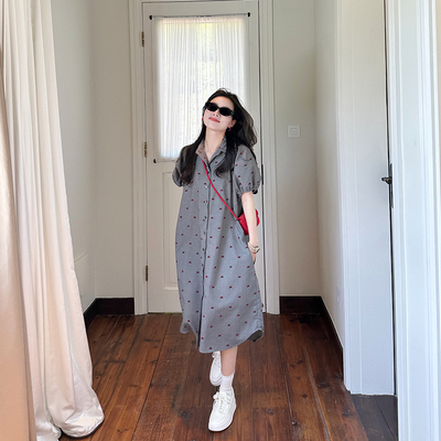 蝴蝶结植绒短袖衬衫裙