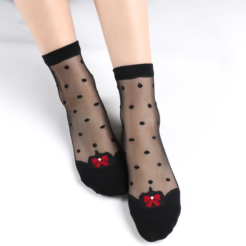 蝴蝶结纯棉底水晶玻璃丝短丝袜女