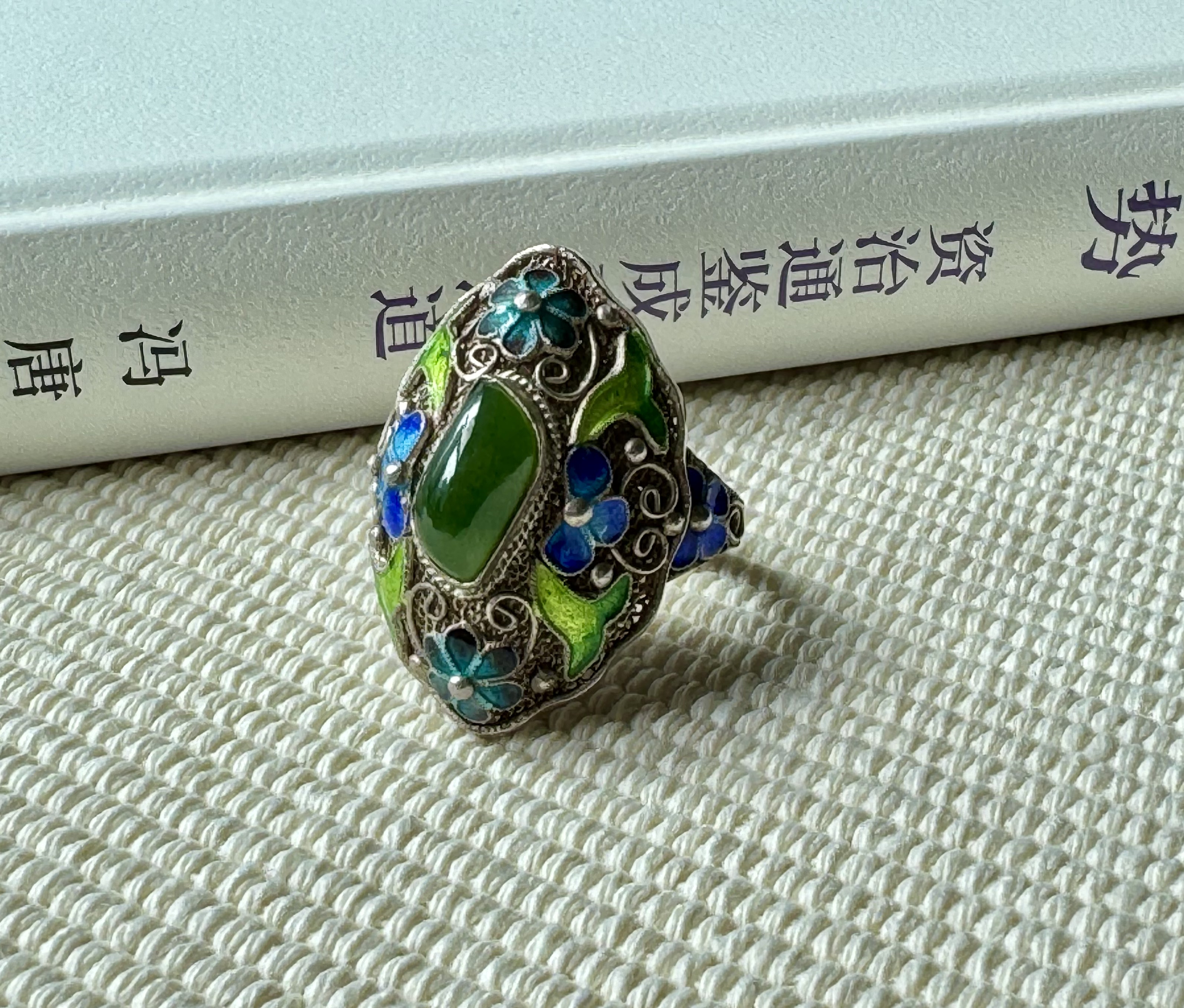创汇时期银花丝烧蓝镶嵌天然碧玉戒指 s925银纯手工掐丝工艺