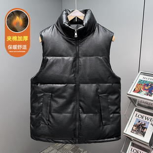 PU皮棉马甲男冬外穿加厚保暖羽绒棉坎肩青少年学生加肥背心马夹潮