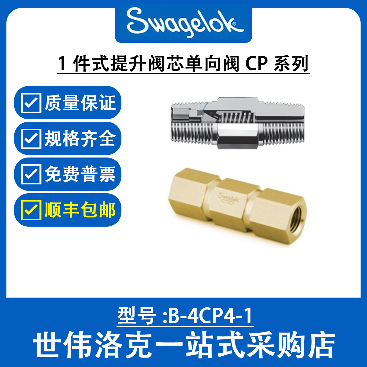 世伟洛克B-4CP2-1黄铜1件式提升阀芯单向阀 压力1/4 in.