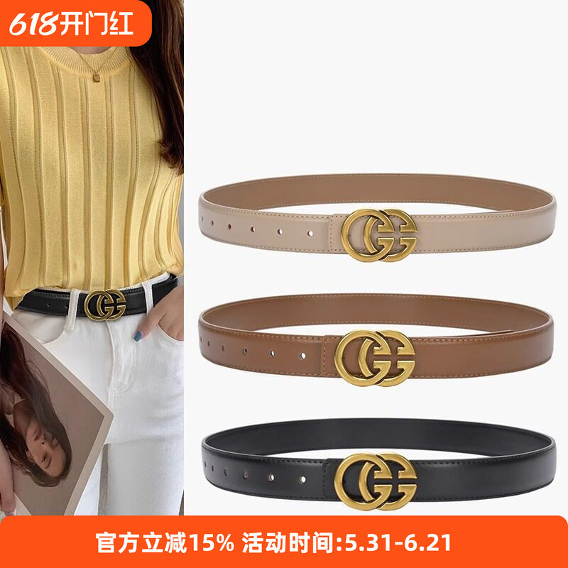 鹿森|新款牛皮带女式经典GG真皮女士腰带时尚百搭装饰牛仔裤带