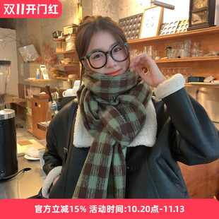 鹿森|秋冬季新款韩版氛围感情侣围脖学生绿色格子保暖围巾男女