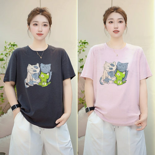 大码女装新款2026夏季显瘦减龄猫咪印花宽松圆领短袖女休闲T恤