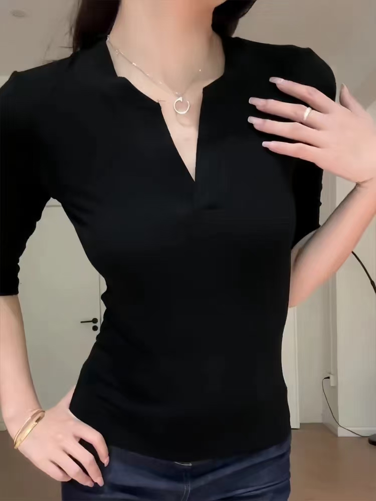 贵妃专属2025新款时尚百搭潮流显瘦V领纯棉打底衫上衣2562