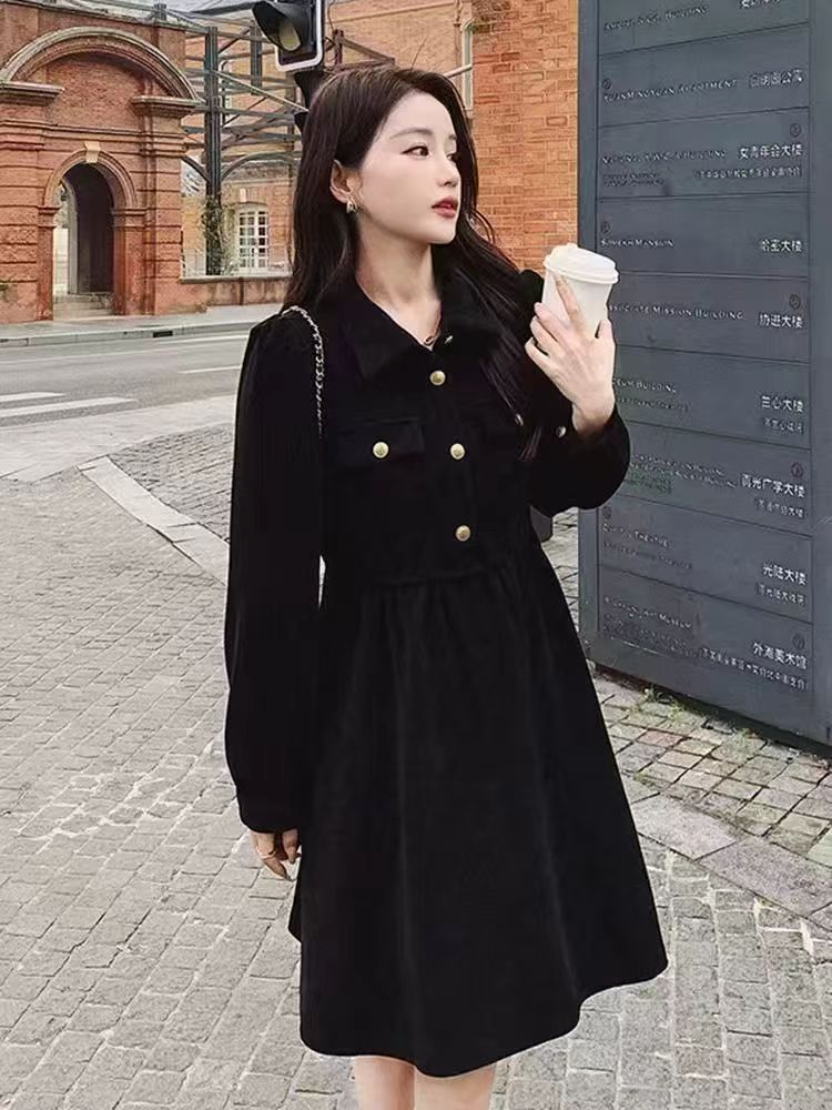 贵妃专属高级感赫本风法式衬衫开领设计感小众收腰连衣裙7552
