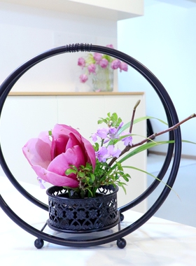 禅意铁艺花架中式中国风花篮剑山插花摆件日式桌面花艺摆件送剑山