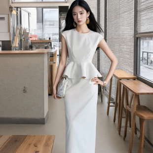 气质显瘦通勤正装赫本风收腰伞状上衣&高腰半裙套装时尚两件套女