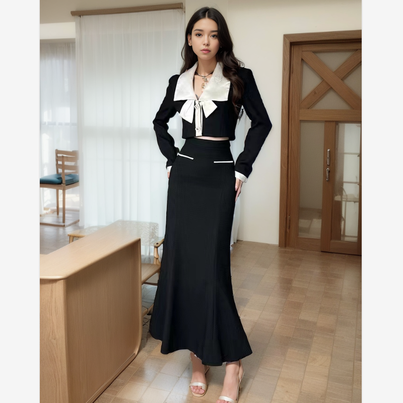 法式时尚蝴蝶结黑色小香风外套秋冬2025新款女装套装半身裙两件套