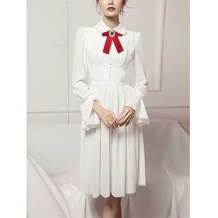 气质白色显瘦名媛风高腰百褶中长款 夏装 裙子 连衣裙女2025新款 法式