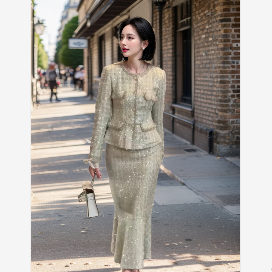 亮片毛呢小香风外套半裙两件套裙