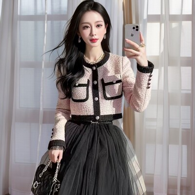 短款小香风外套网纱半身裙套装裙