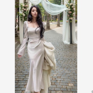 轻奢小众法式白色连衣裙女高级感敬酒服长袖订婚礼服缎面领证长裙