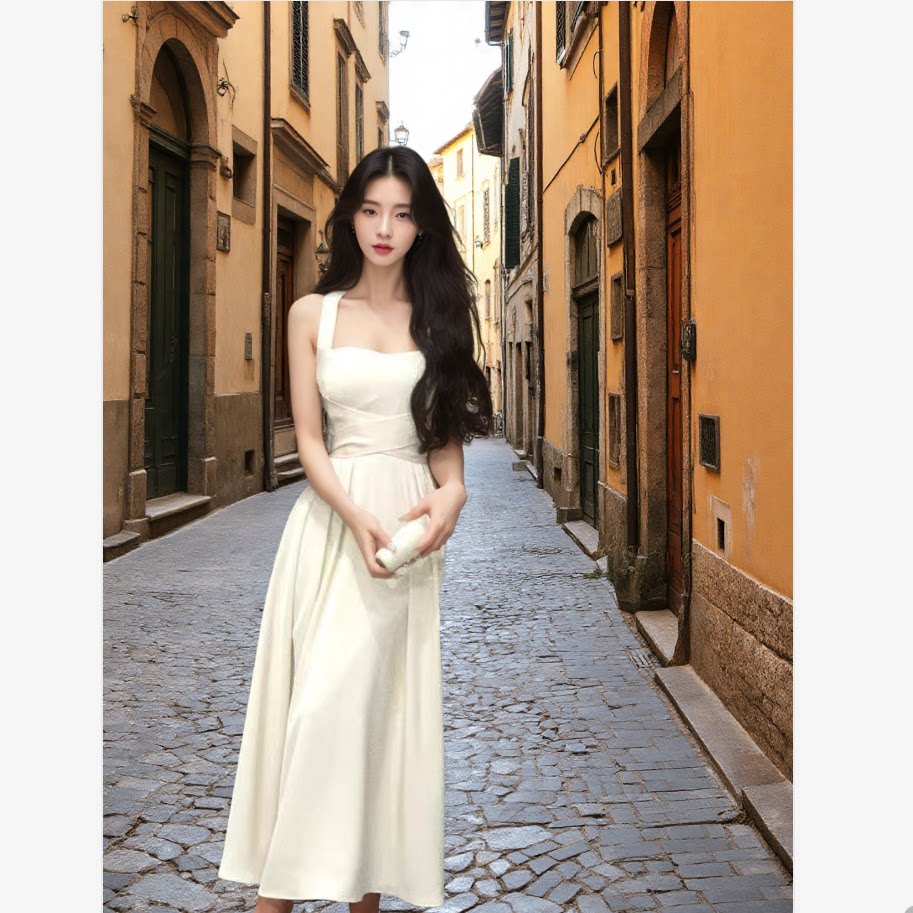 法式浪漫 白色小众设计大摆连衣裙女绑带收腰显瘦高级感生日裙子