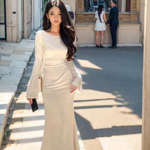 温柔气质法式白色连衣裙女高级感敬酒服长袖订婚礼服缎面领证长裙