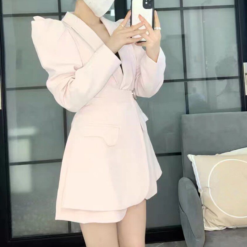 腰封西装外套女夏秋假两件收腰粉色气质设计感小众高级感休闲西服