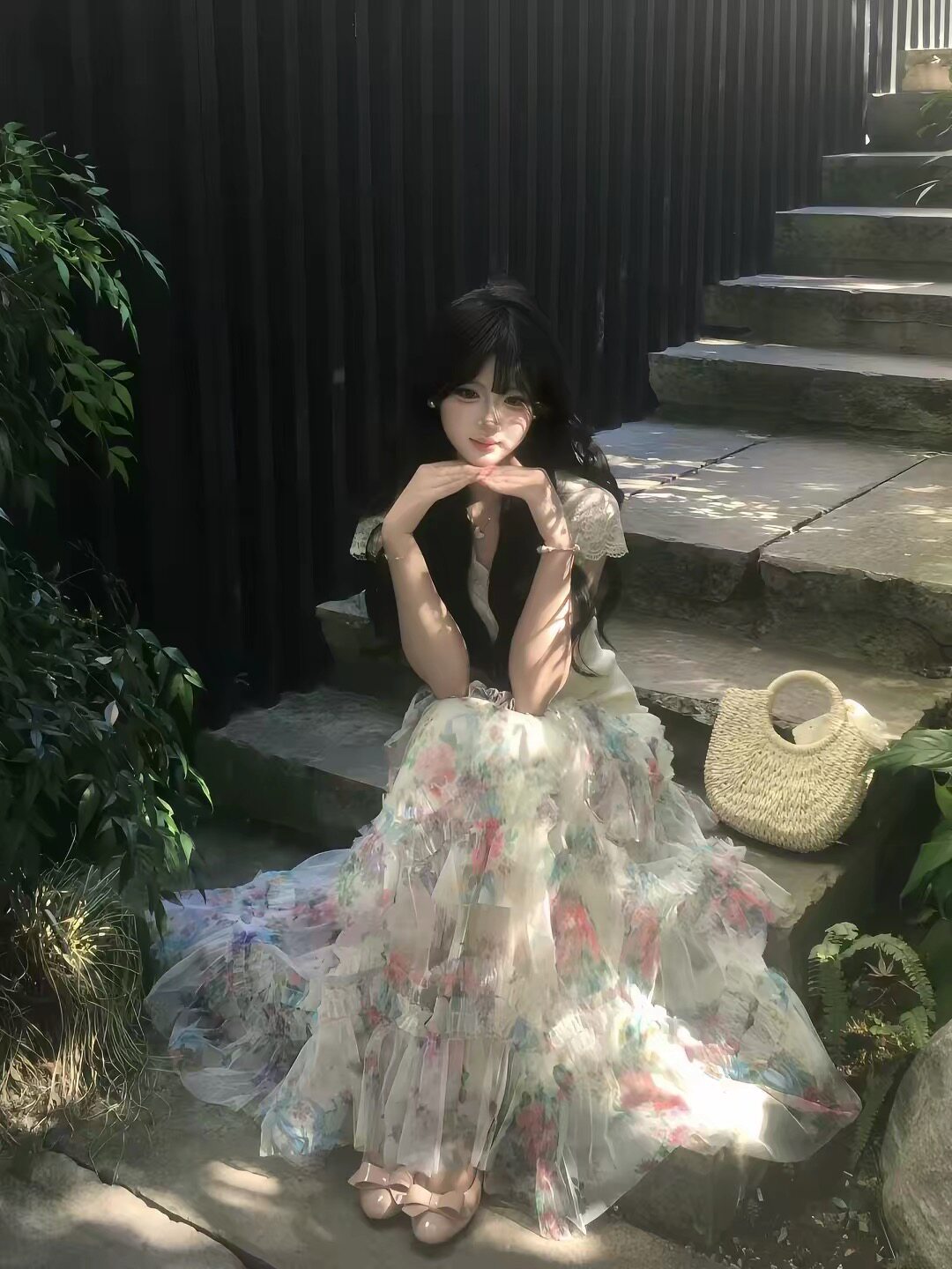 温柔风蕾丝V领短袖上衣女夏季新款碎花蛋糕长裙两件套浪漫风套装