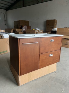 中古风浴室柜组合陶瓷一体盆岩板热弯橡木实木烤漆卫浴柜洗漱定制