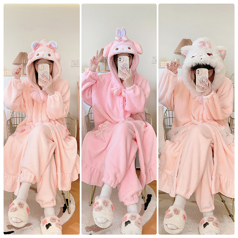 甜美可爱风法兰绒连帽睡衣女秋冬睡衣/家居服套装