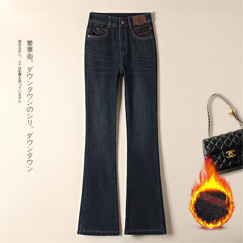 加绒加厚复古牛仔微喇裤女秋冬季