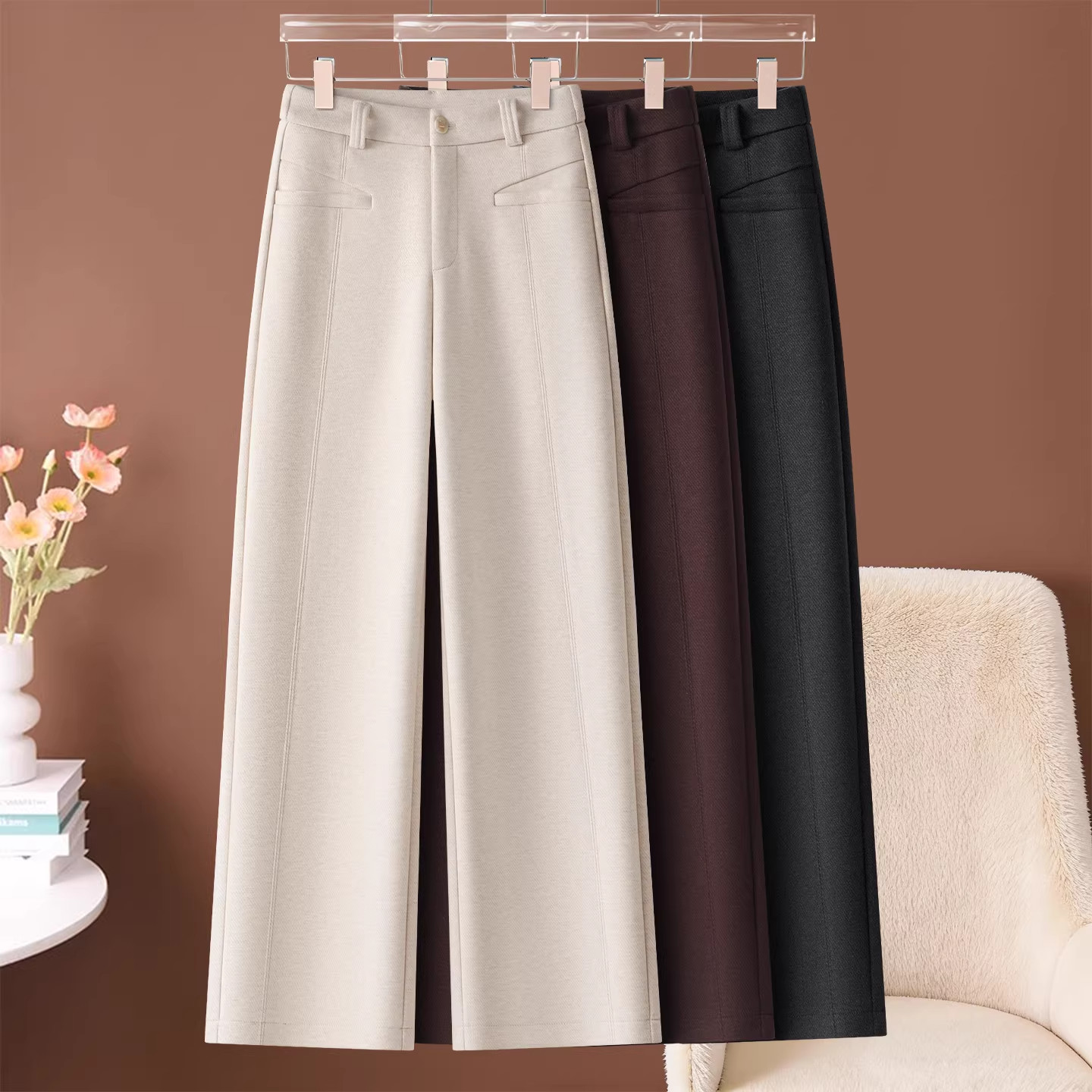 流行桑蚕丝绵羊毛窄版阔腿裤女2026春季新款加厚休闲百搭直筒长裤,女装/女士精品,大码裤装,淘宝优惠券,粉丝福利购,淘宝优惠卷