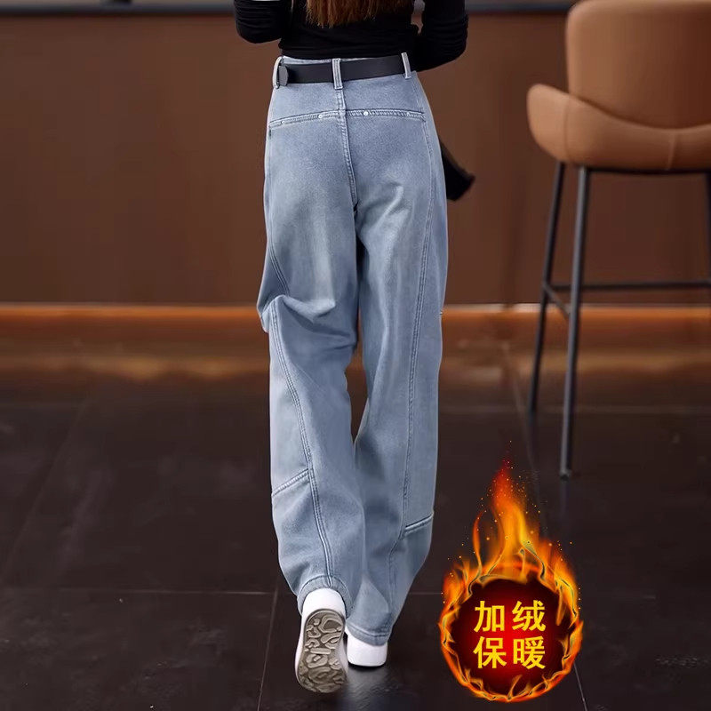 蓝色加绒加厚弯刀直筒牛仔裤女秋冬新款高腰显瘦宽松女士阔腿裤子,女装/女士精品,大码裤装,淘宝优惠券,粉丝福利购,淘宝优惠卷