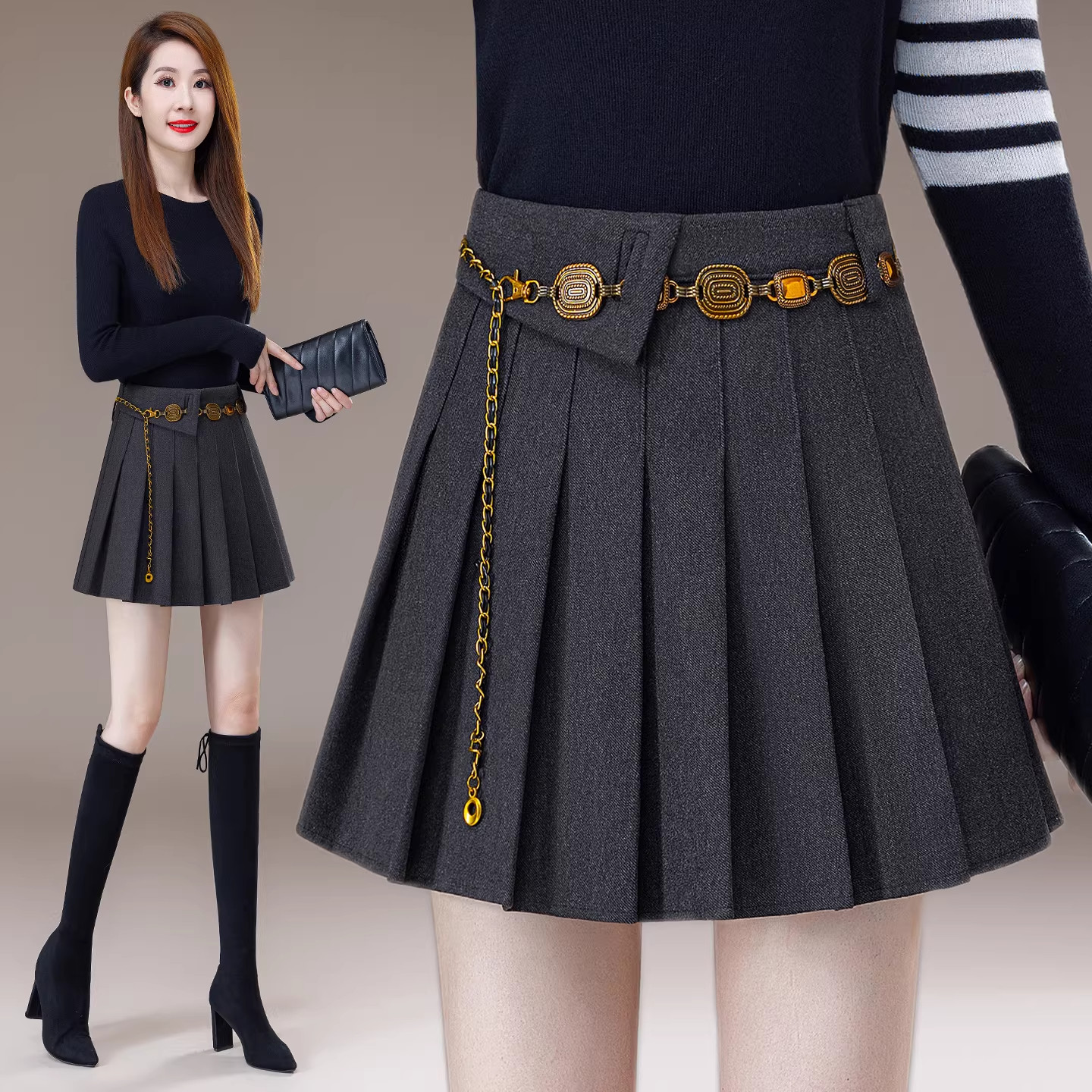 短裙女秋冬毛呢加厚百褶裙收腰A字裙链条高腰显瘦安全裤半身短裙,女装/女士精品,大码半身裙,淘宝优惠券,粉丝福利购,淘宝优惠卷