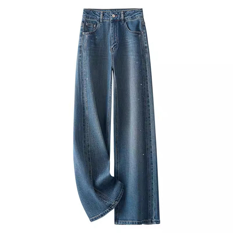 重工烫钻牛仔裤女潮2025年秋季新款大码高腰遮肉显瘦直筒阔腿裤子,女装/女士精品,大码裤装,淘宝优惠券,粉丝福利购,淘宝优惠卷