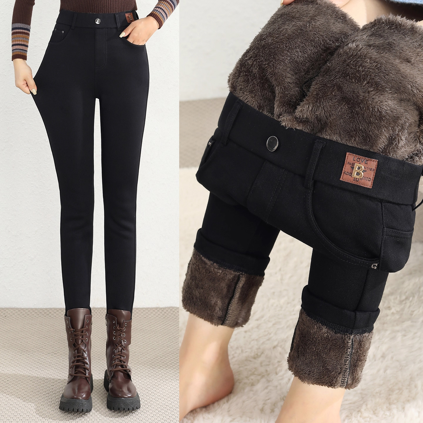 黑色铅笔牛仔裤女士秋冬高腰保暖