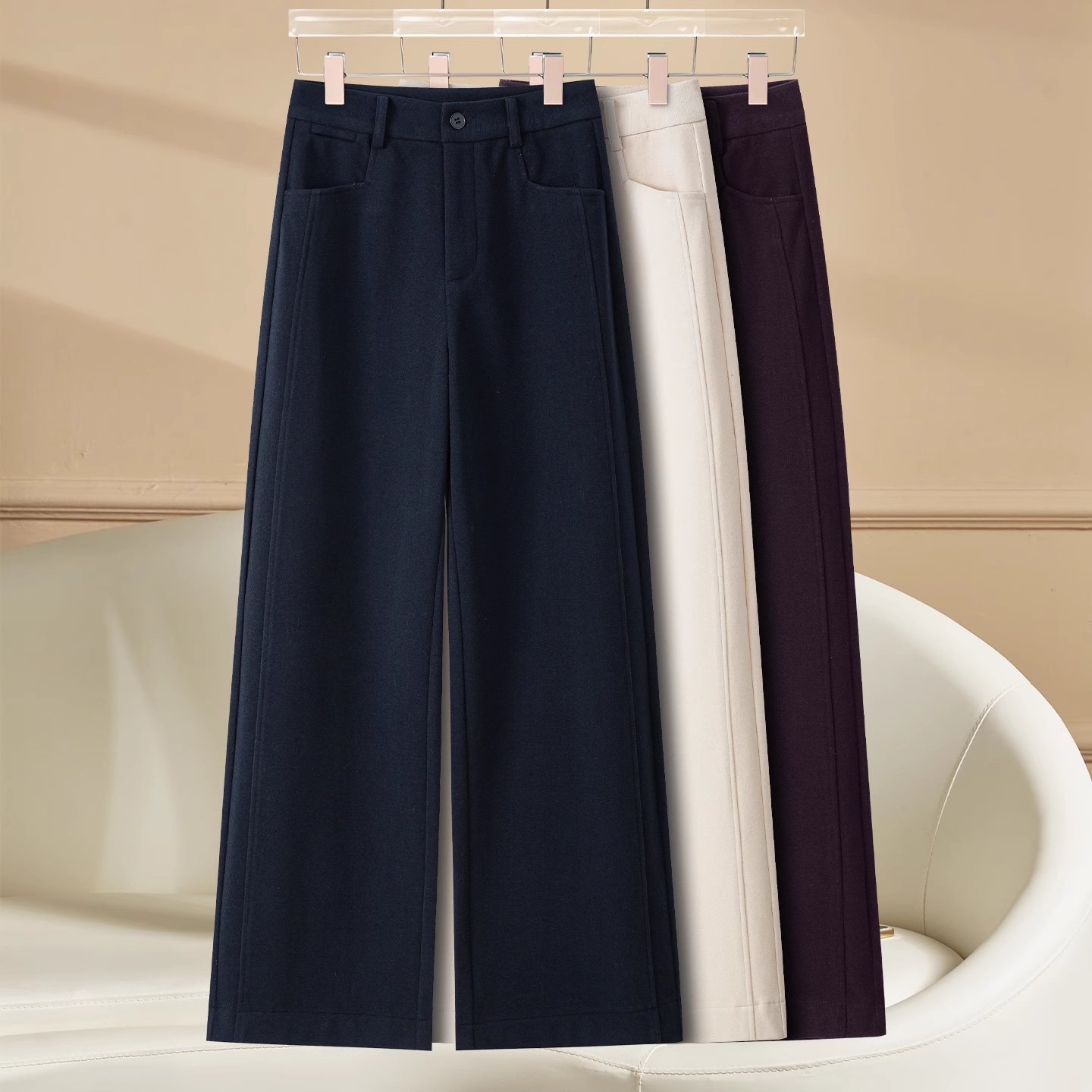 加绒加厚毛呢直筒裤女秋冬新款