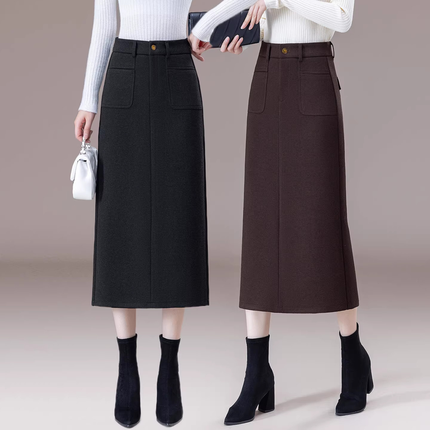 灰色羊毛呢半身裙女秋冬2025新款高腰a字中长款加厚直筒包臀裙子,女装/女士精品,大码半身裙,淘宝优惠券,粉丝福利购,淘宝优惠卷