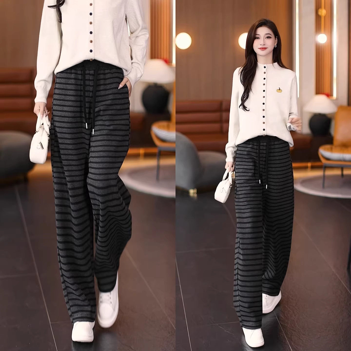 窄版条纹裤女春季2026新款加绒加厚直筒宽松休闲弯刀香蕉阔腿裤子,女装/女士精品,大码裤装,淘宝优惠券,粉丝福利购,淘宝优惠卷