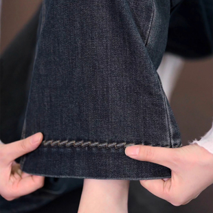 复古蓝色加绒加厚阔腿牛仔裤女款秋冬高腰显瘦九分小个子直筒裤子