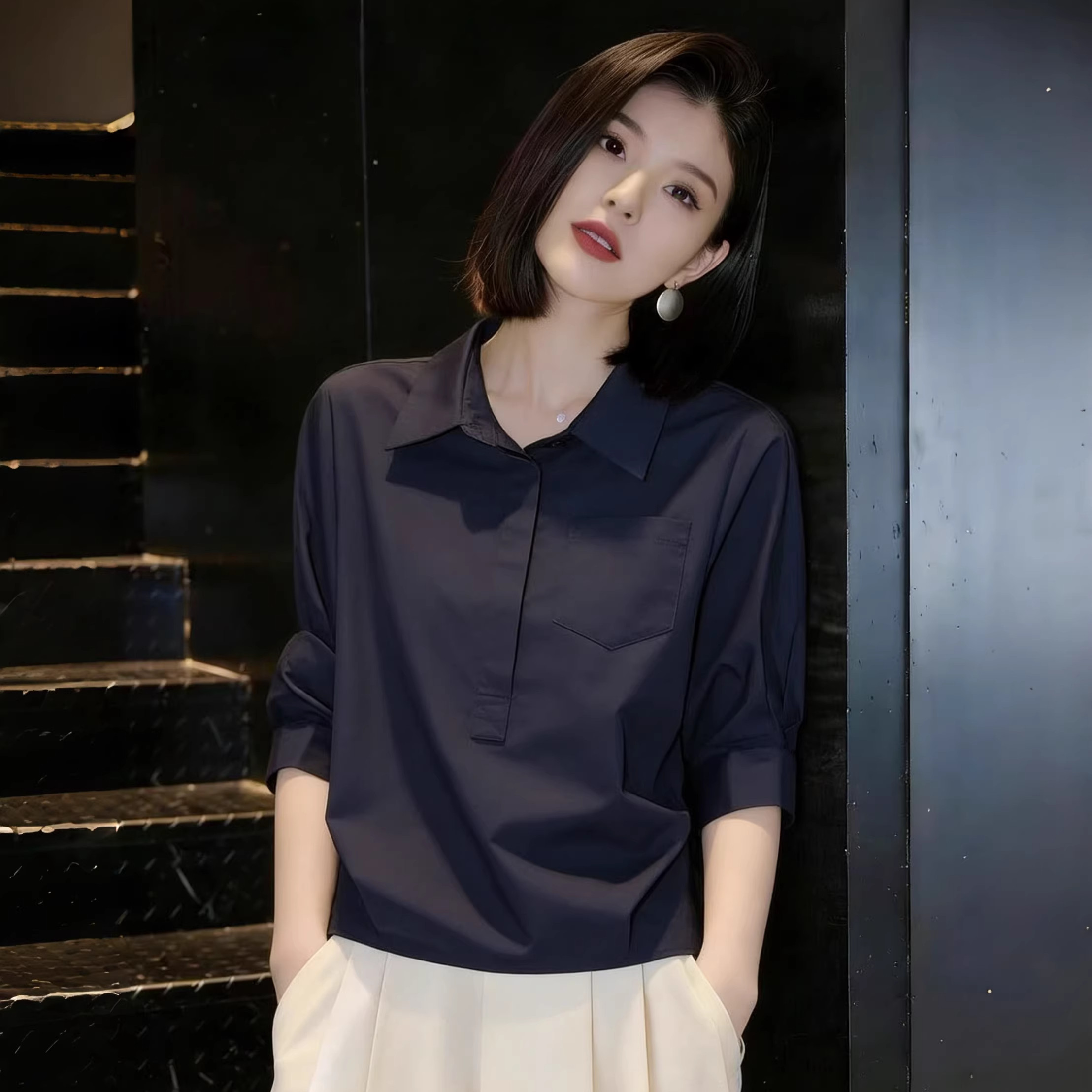 时髦精简设计感POLO领衬衫女短袖图片