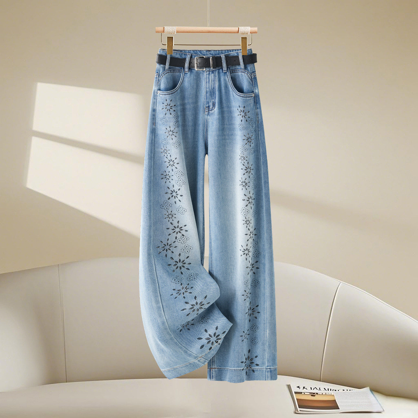 重工刺绣烫钻阔腿牛仔裤女款春秋2026新款高腰垂感宽松直筒长裤子,女装/女士精品,大码裤装,淘宝优惠券,粉丝福利购,淘宝优惠卷
