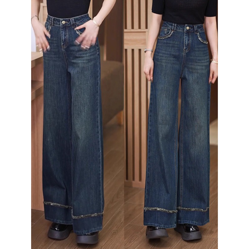 复古深蓝色阔腿牛仔裤女2025秋冬