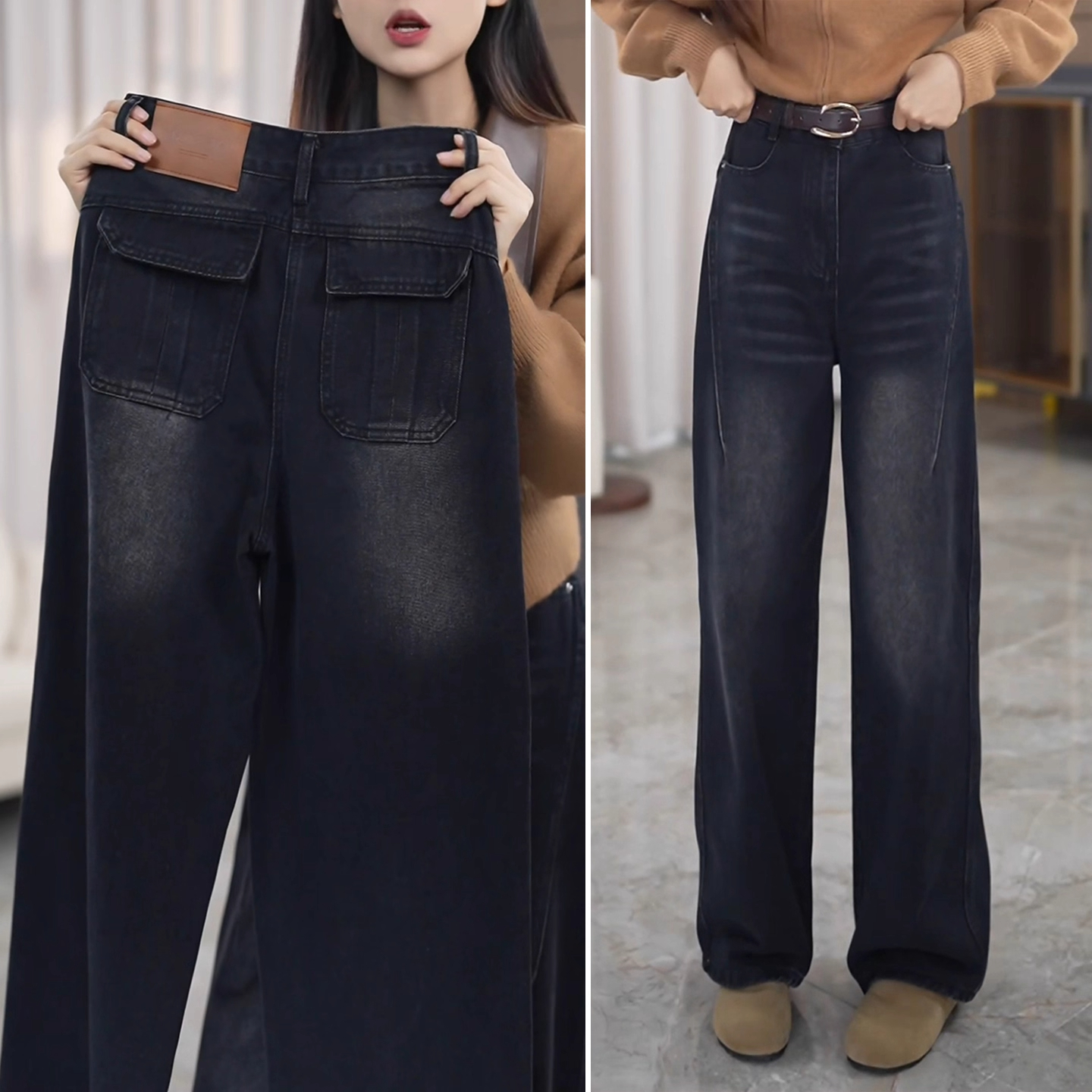 加绒加厚牛仔裤女冬季直筒宽松