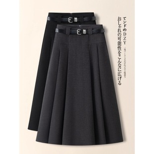毛呢西装 高腰A字裙显瘦高级感腰带百褶裙子 半身裙女2025秋冬新款