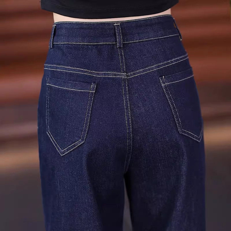 复古深蓝色春季女士牛仔裤子高腰显瘦窄版垂感加绒直筒阔腿长裤女,女装/女士精品,大码裤装,淘宝优惠券,粉丝福利购,淘宝优惠卷