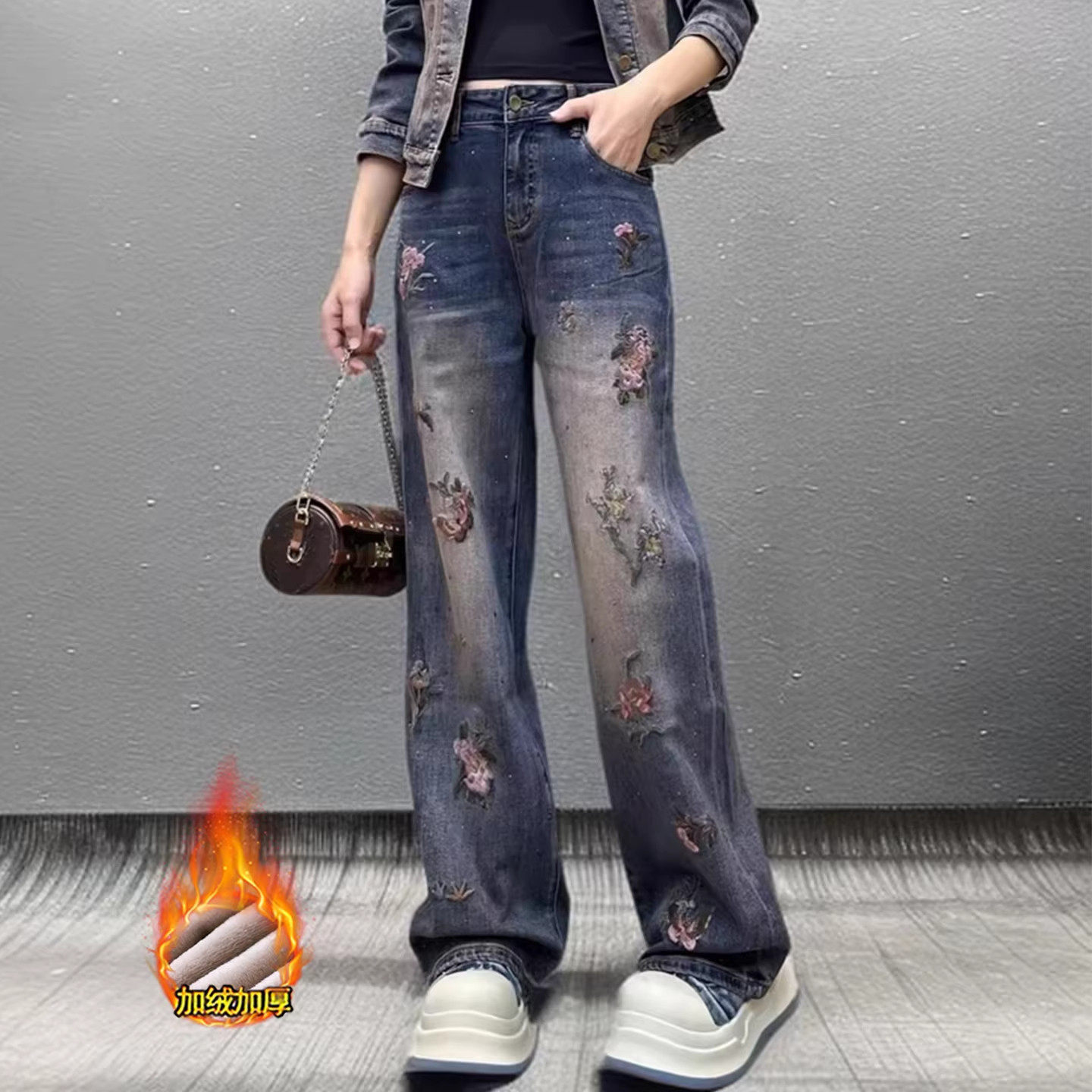 2026春季新款复古休闲直筒潮流刺绣复古烫钻窄版阔腿牛仔裤女长裤,女装/女士精品,大码裤装,淘宝优惠券,粉丝福利购,淘宝优惠卷