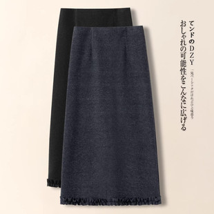羊毛呢直筒包臀裙子 中长款 黑灰色木耳花边半身裙女2025秋冬季 新款