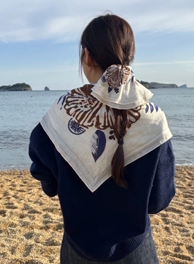 现货2025新款小众复古棕榈印花刺绣头巾围脖大方巾披肩时尚搭配