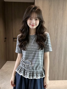 现货 2026夏季新款韩版条纹短袖T恤女小众设计感系带花边宽松上衣