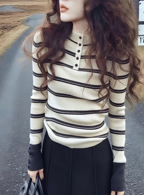 韩系chic条纹半高领针织打底衫女秋冬修身显瘦内搭小众不撞款上衣