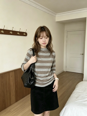 现货 韩系甜美条纹长袖T恤女秋季新款修身显瘦内搭打底衫上衣
