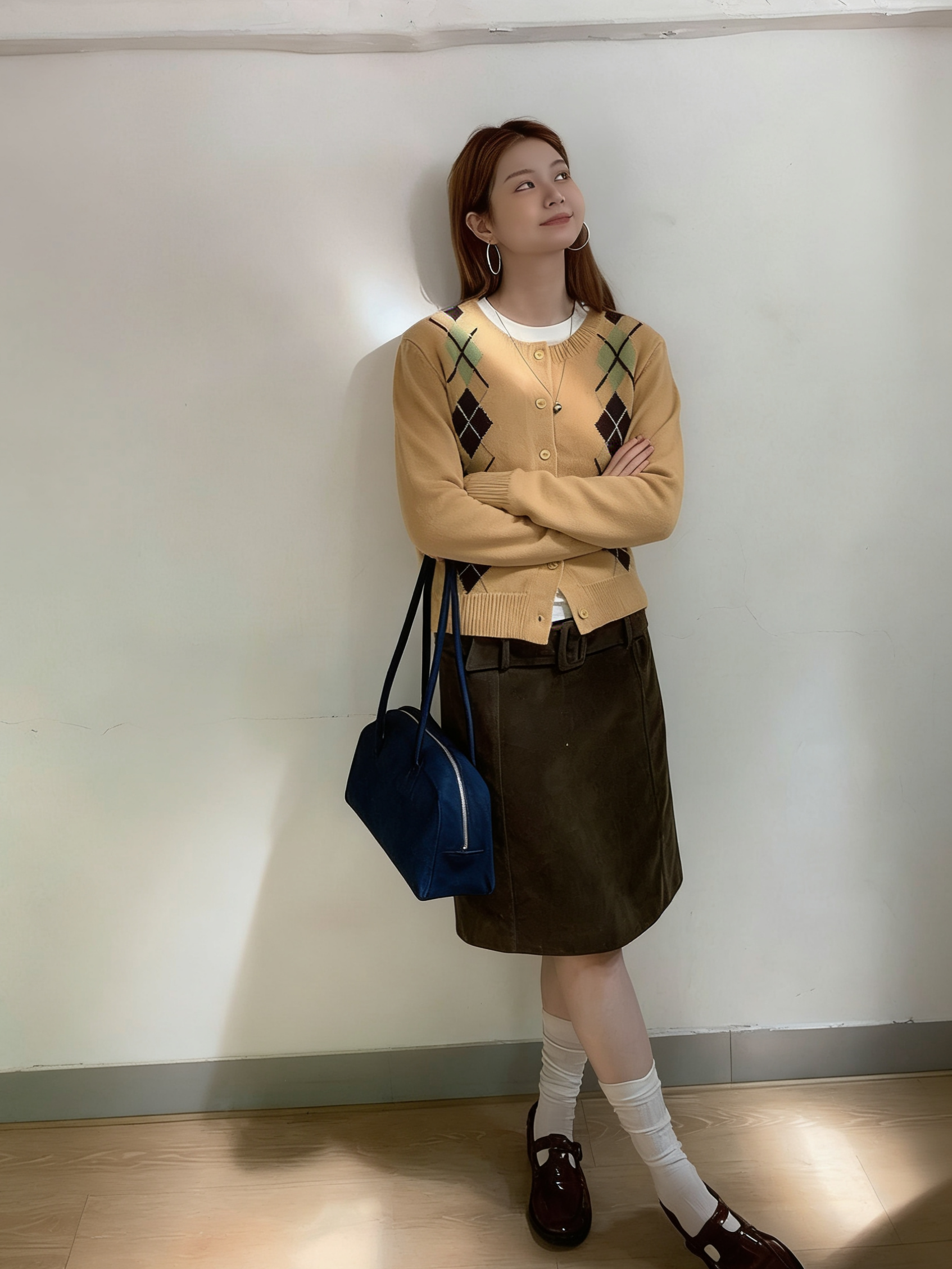 小众复古菱格圆领新款针织衫女秋季长袖开衫毛衣百搭外套女上衣女