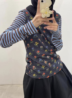 现货 条纹撞色长袖针织衫女2026早春百搭碎花T恤修身显瘦打底上衣