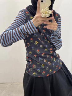 女2026早春百搭碎花T恤修身 针织衫 显瘦打底上衣 条纹撞色长袖 现货