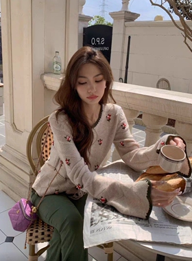 【现货】玻璃秋海棠 秋冬针织立体刺绣毛衣开衫修身显瘦上衣