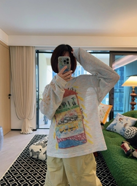 现货  小众复古手绘彩纱涂鸦大码宽松显瘦休闲长袖T恤女
